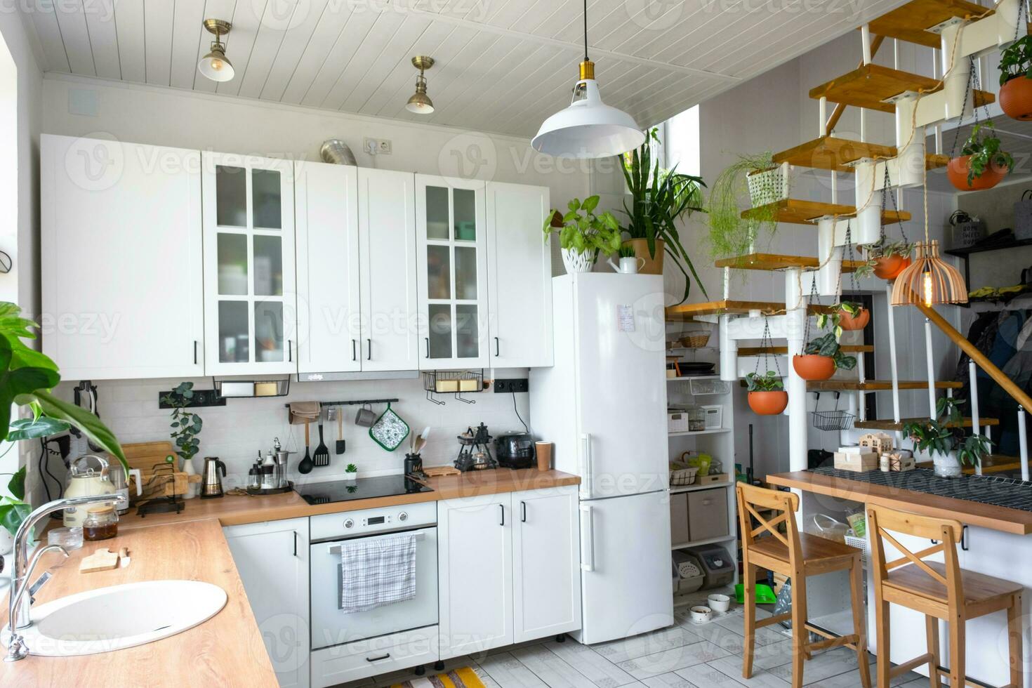 le général plan de une lumière blanc moderne rustique cuisine avec une modulaire métal escalier décoré avec mis en pot les plantes. intérieur de une maison avec plantes d'intérieur photo