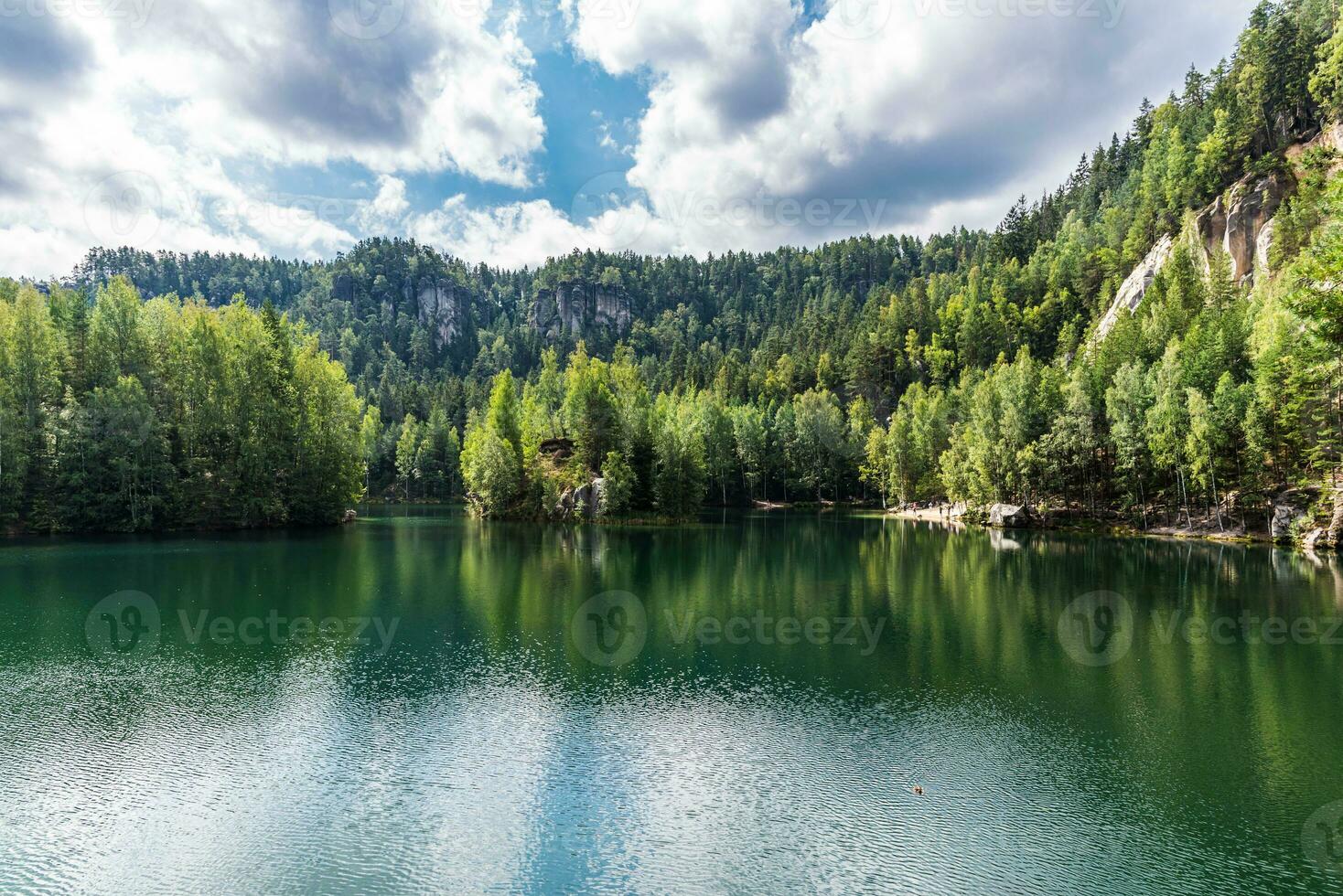 vert l'eau de calme forêt Lac entre petit montagnes couvert avec forêt photo