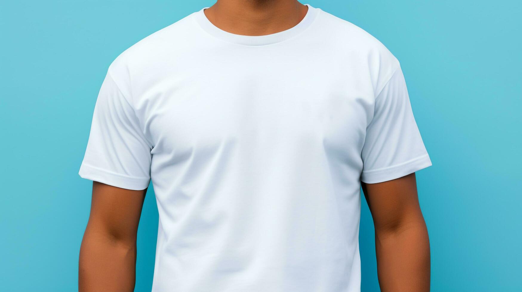 contemporain style avec une maquette mettant en valeur une Jeune homme en toute confiance sportif une Bella Toile classique blanc t - chemise contre une serein bleu arrière-plan, ai généré photo