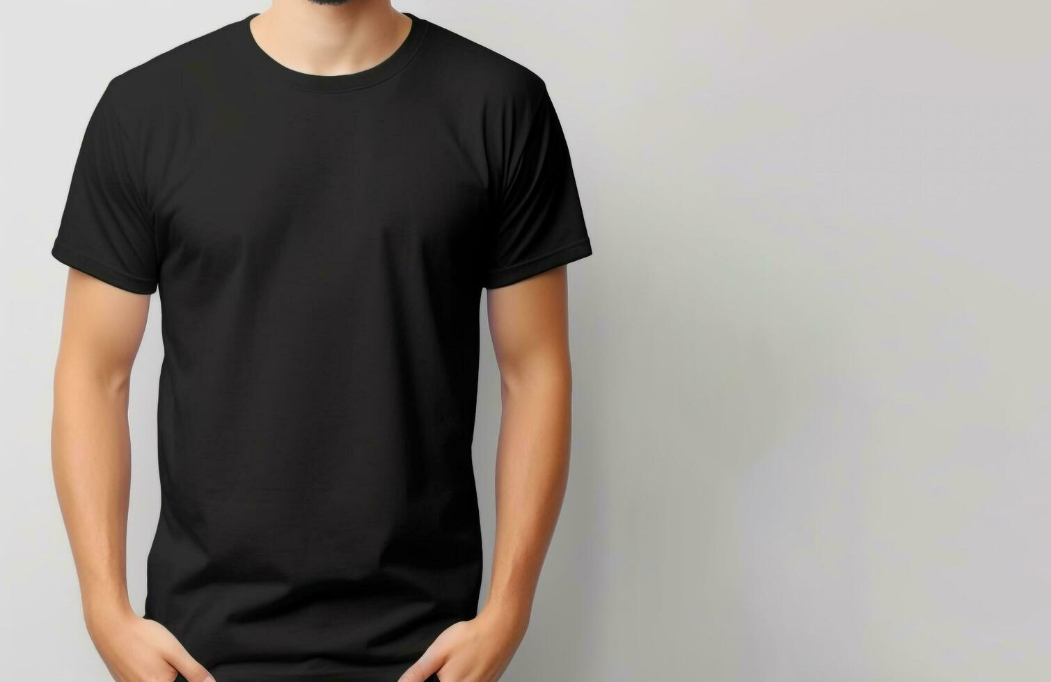 une maquette de une grand Beau gars habillé dans une noir T-shirt, ai généré photo