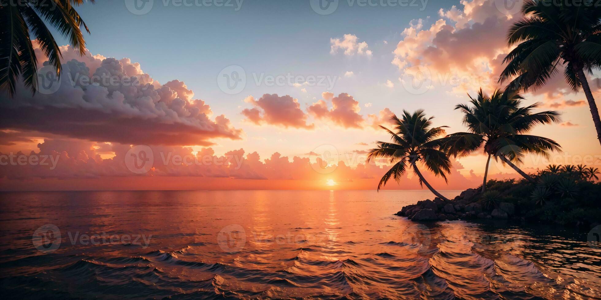 tropical paradis avec paume des arbres silhouette contre une étourdissant Orange et rose océan coucher de soleil, ai généré photo