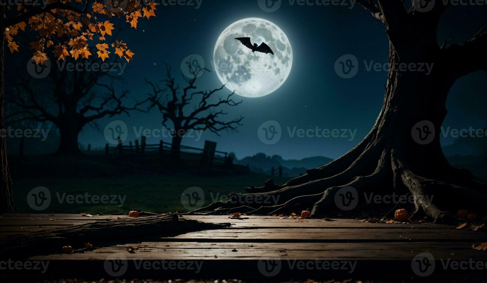 effrayant Halloween nuit avec plein lune, chauve souris, et arbre silhouette dans bleu et Orange et table pour visualisation produit, ai généré photo