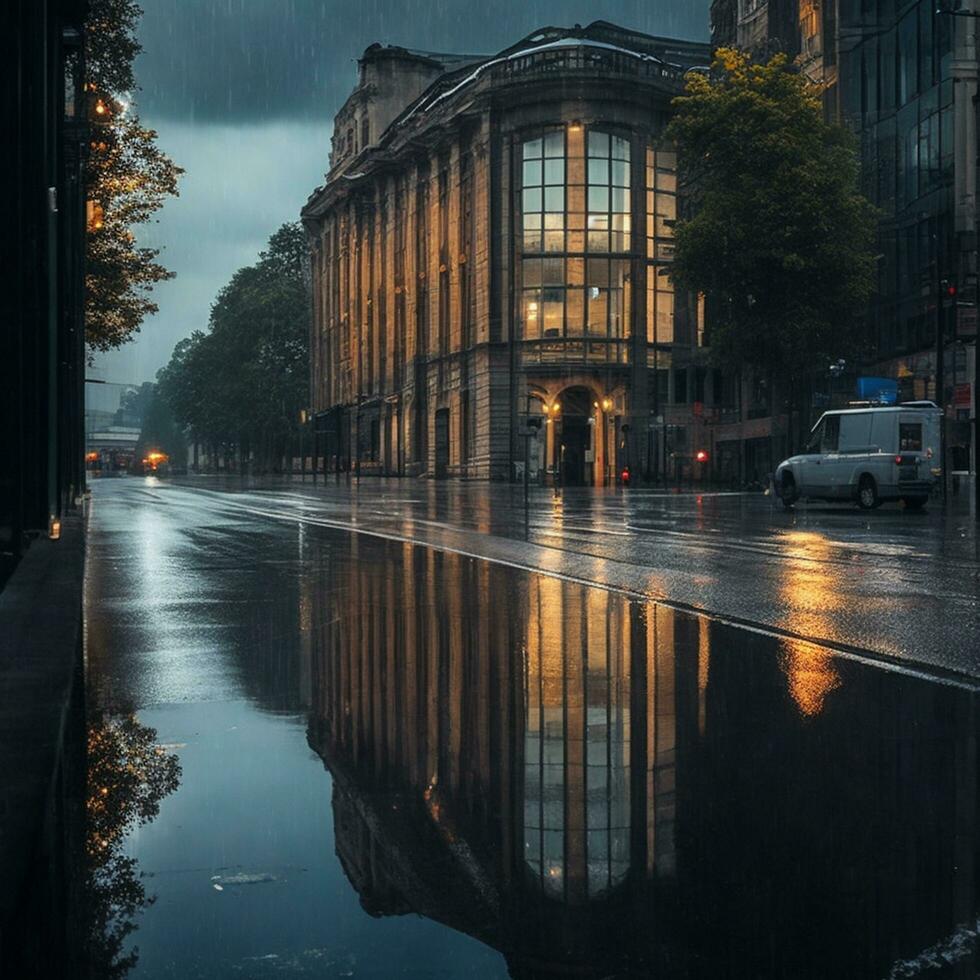 une agréable pluvieux route et réflexion de bâtiment ai généré photo