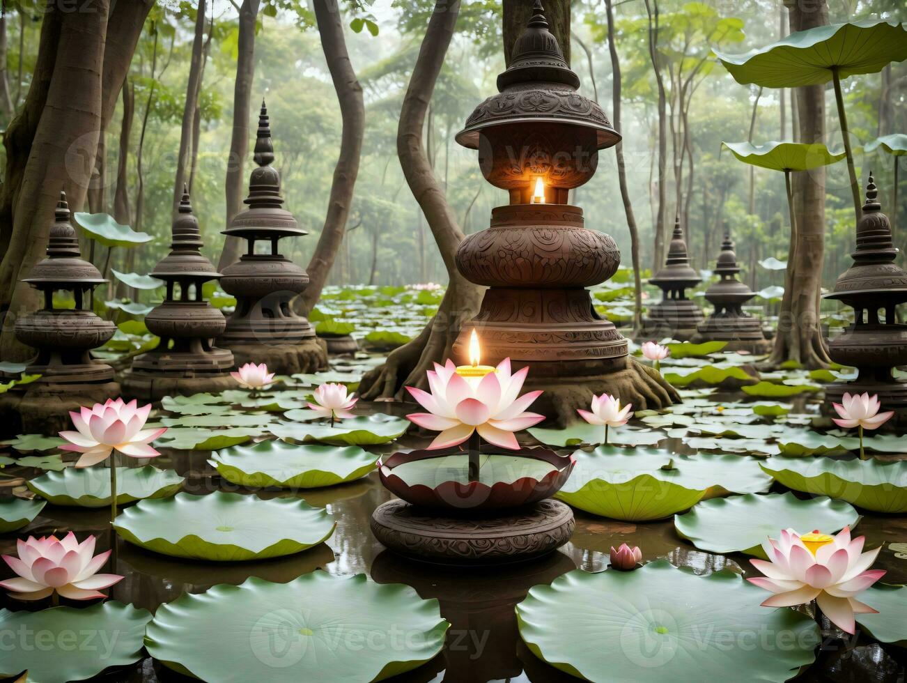 une étang avec l'eau fleurs de lys et une allumé bougie. ai généré photo