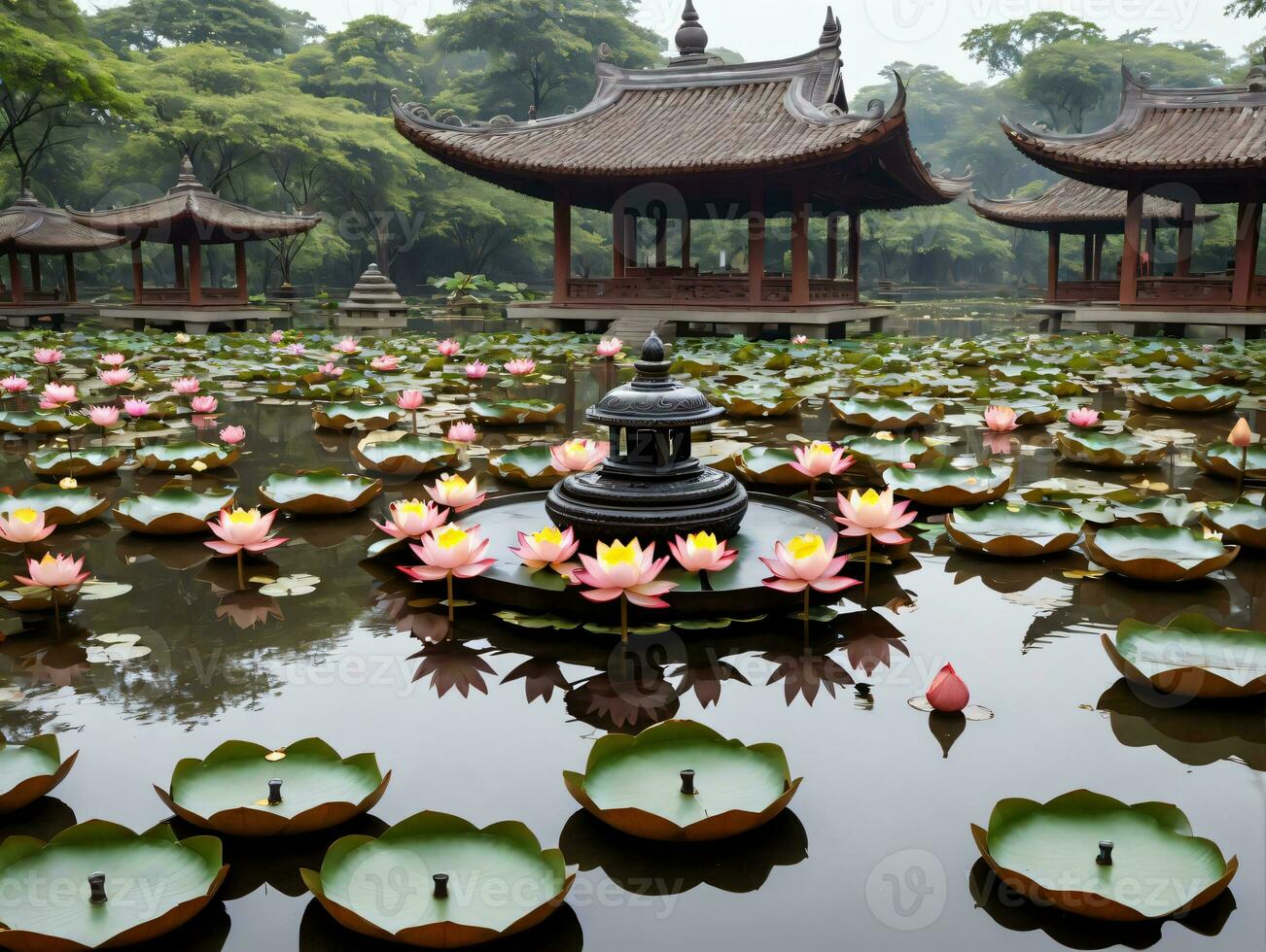 une étang avec l'eau fleurs de lys. ai généré photo