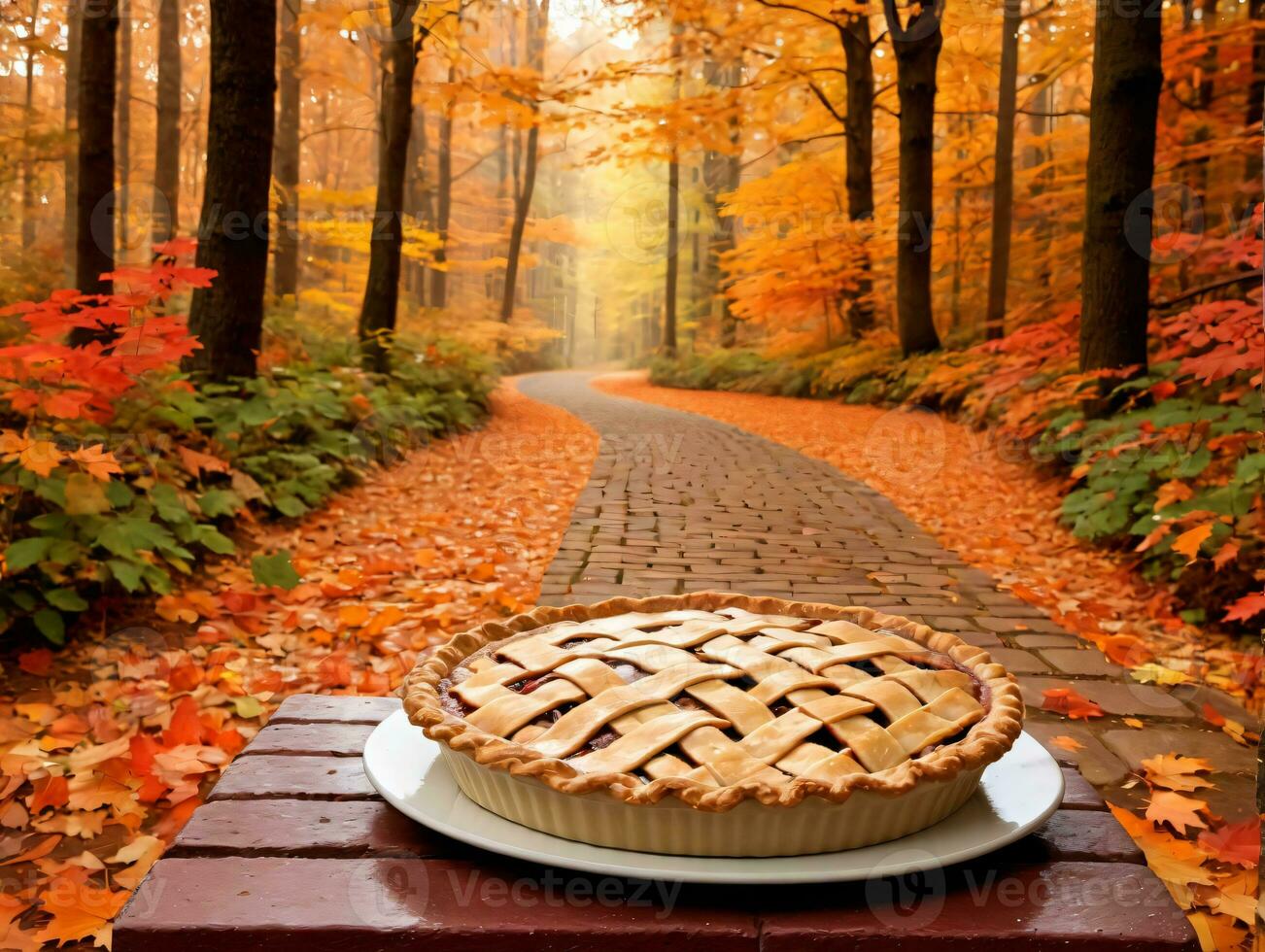 une tarte sur une assiette sur une banc dans le les bois. ai généré photo