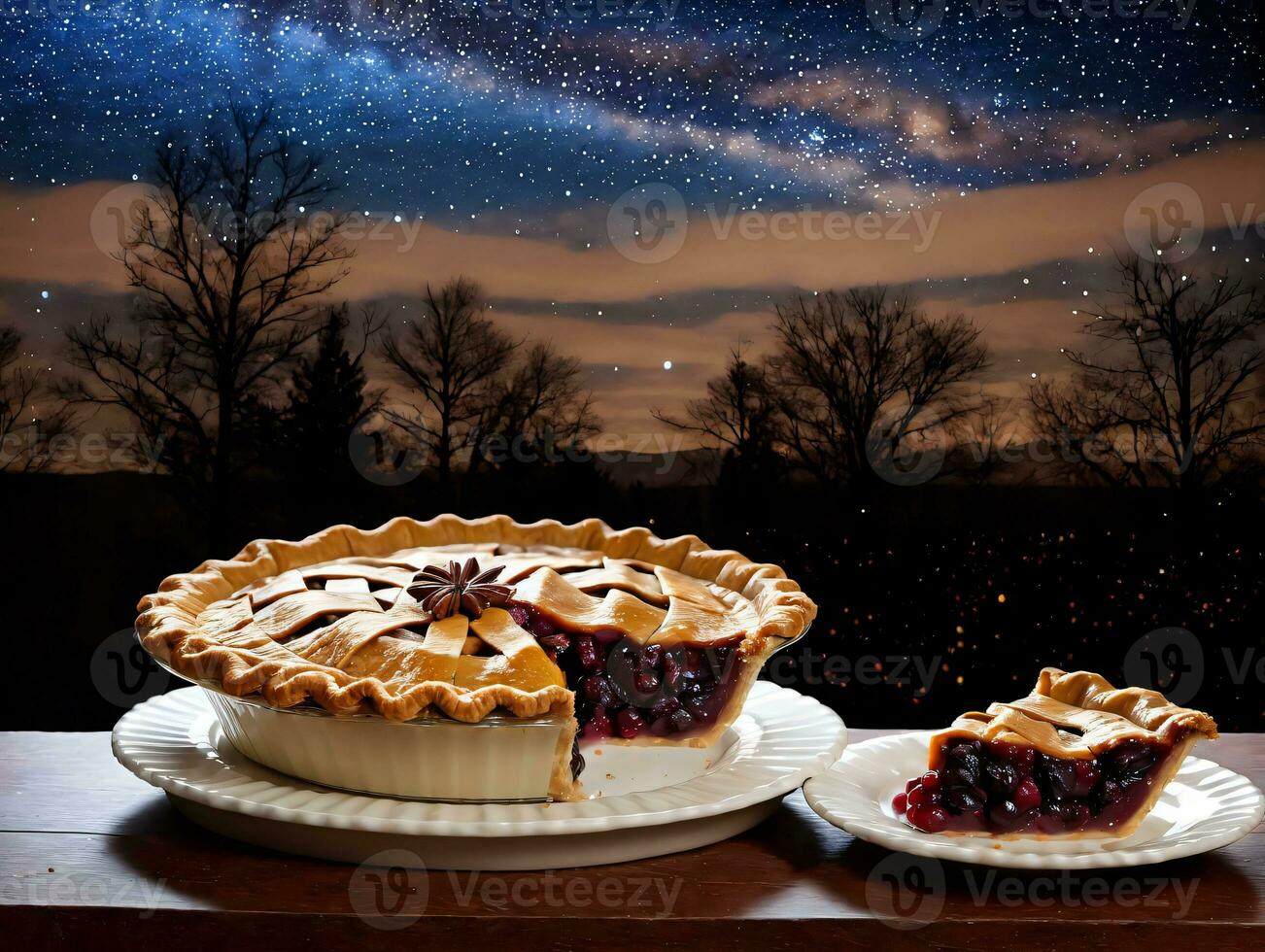 une couple de tartes séance sur une tableau. ai généré photo