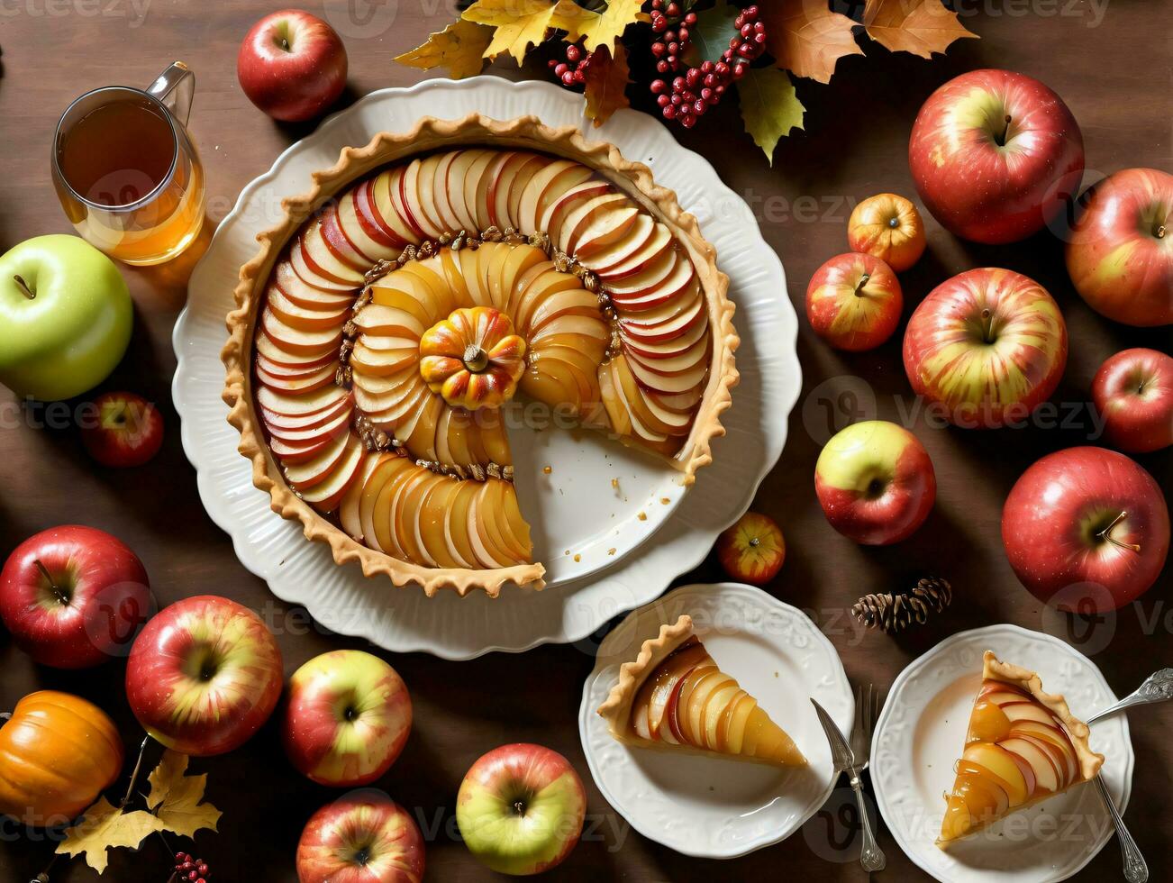une table avec pommes pommes et une tarte. ai généré photo