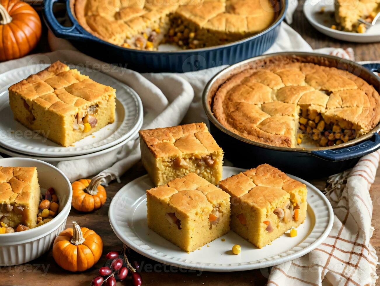 une table surmonté avec tartes et assiettes de tartes. ai généré photo