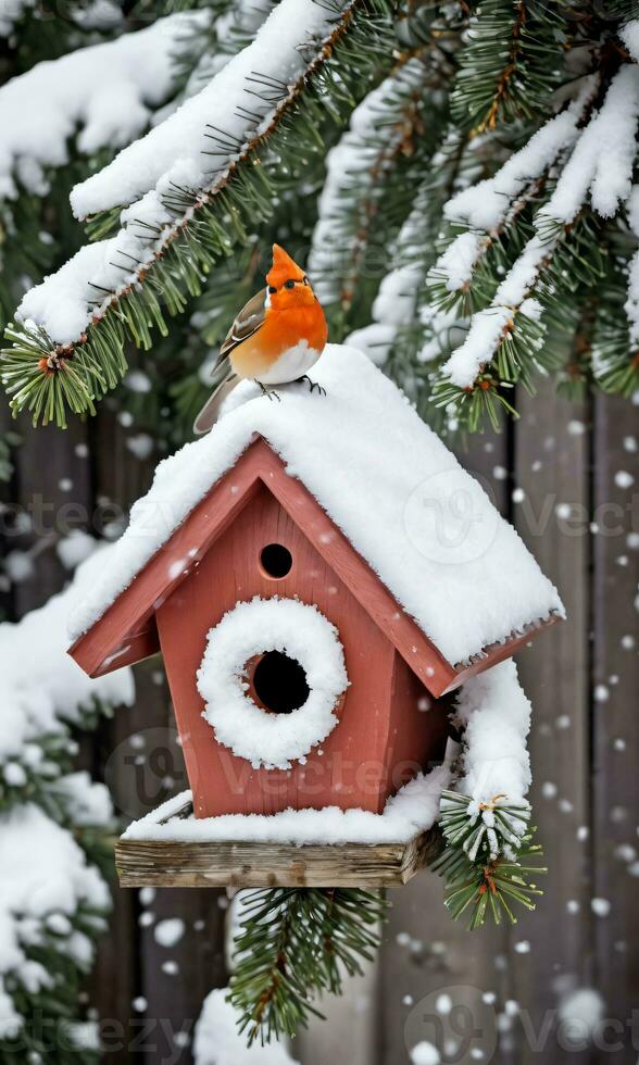 photo de Noël couvert de neige nichoir sur une pin arbre. ai généré