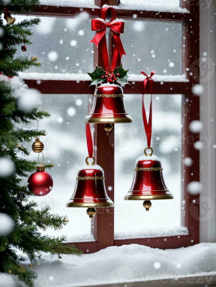 photo de Noël ornemental cloches sur une neigeux rebord de fenêtre. ai généré