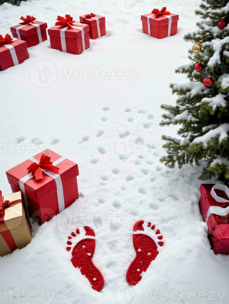 photo de Noël neigeux empreintes de premier plan à une pile de cadeaux. ai généré