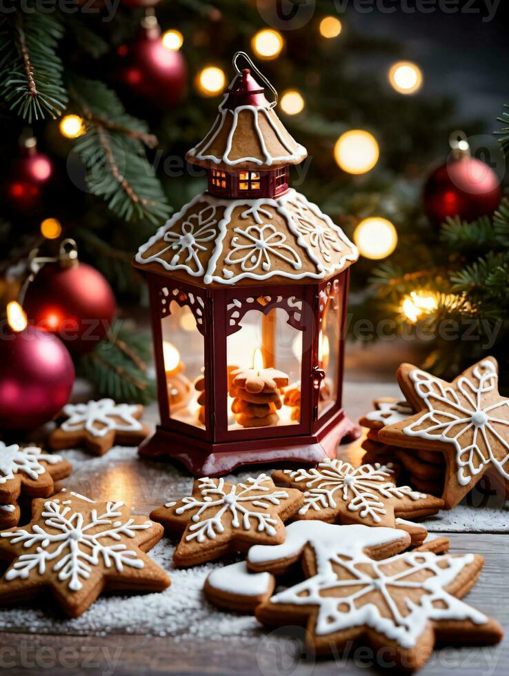 photo de Noël lanterne éclairant une chemin de pain d'épice biscuits. ai généré