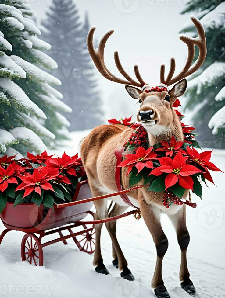 photo de Noël renne tirant une traîneau de poinsettia les plantes. ai généré