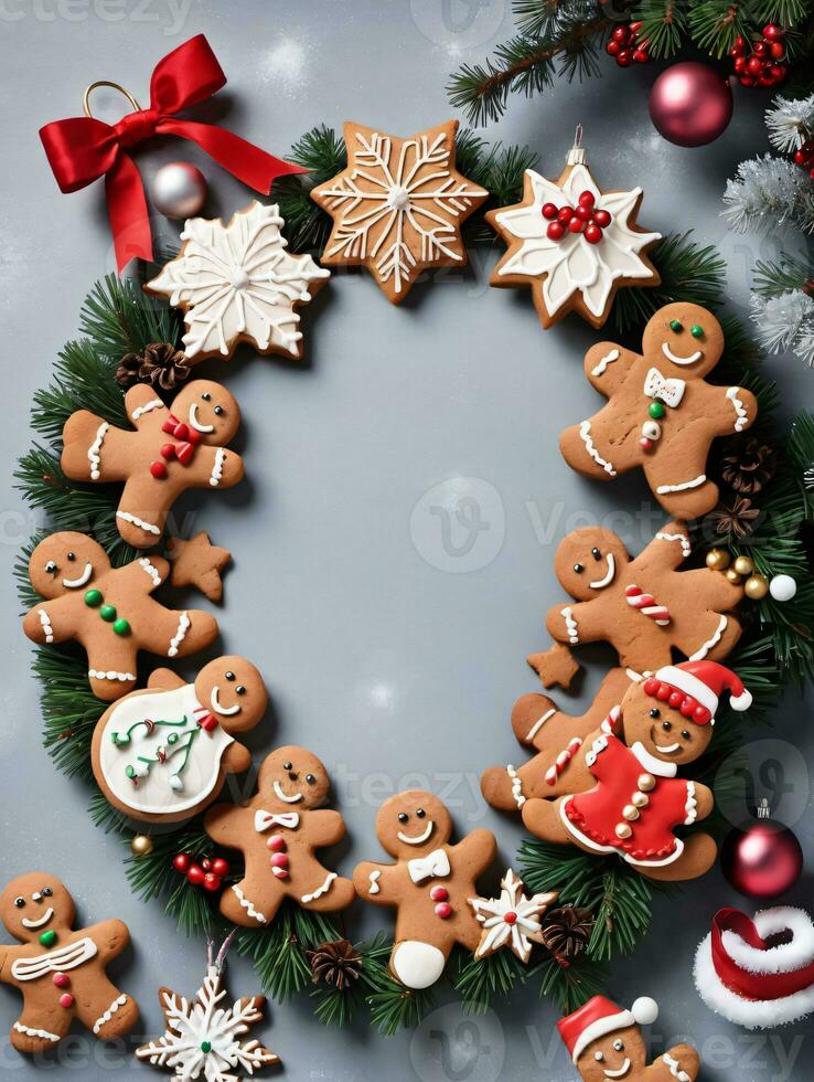 photo de Noël couronne fabriqué de pain d'épice biscuits. ai généré