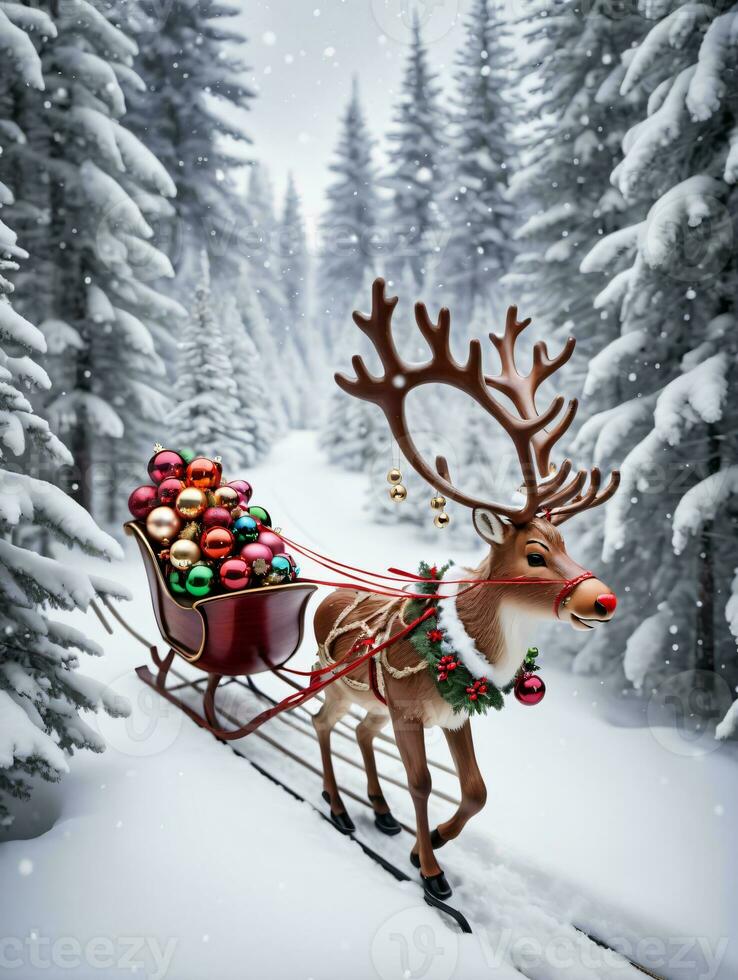 photo de Noël renne tirant une traîneau de ornements par une neigeux forêt. ai généré