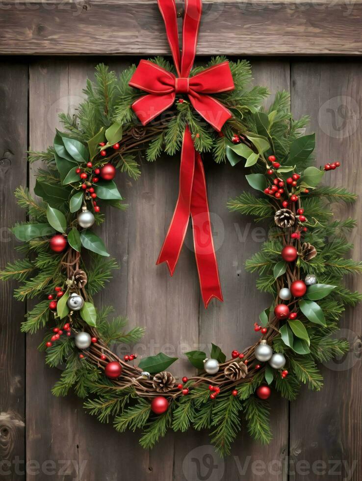 photo de Noël couronne entrelacés avec tinter cloches et du gui pendaison sur une rustique en bois porte. ai généré