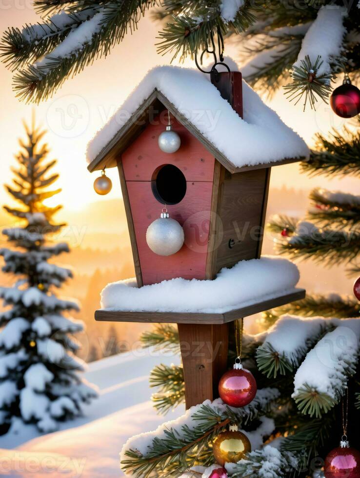 photo de Noël couvert de neige nichoir sur une pin arbre décoré avec babioles avec le lever du soleil furtivement par le horizon. ai généré