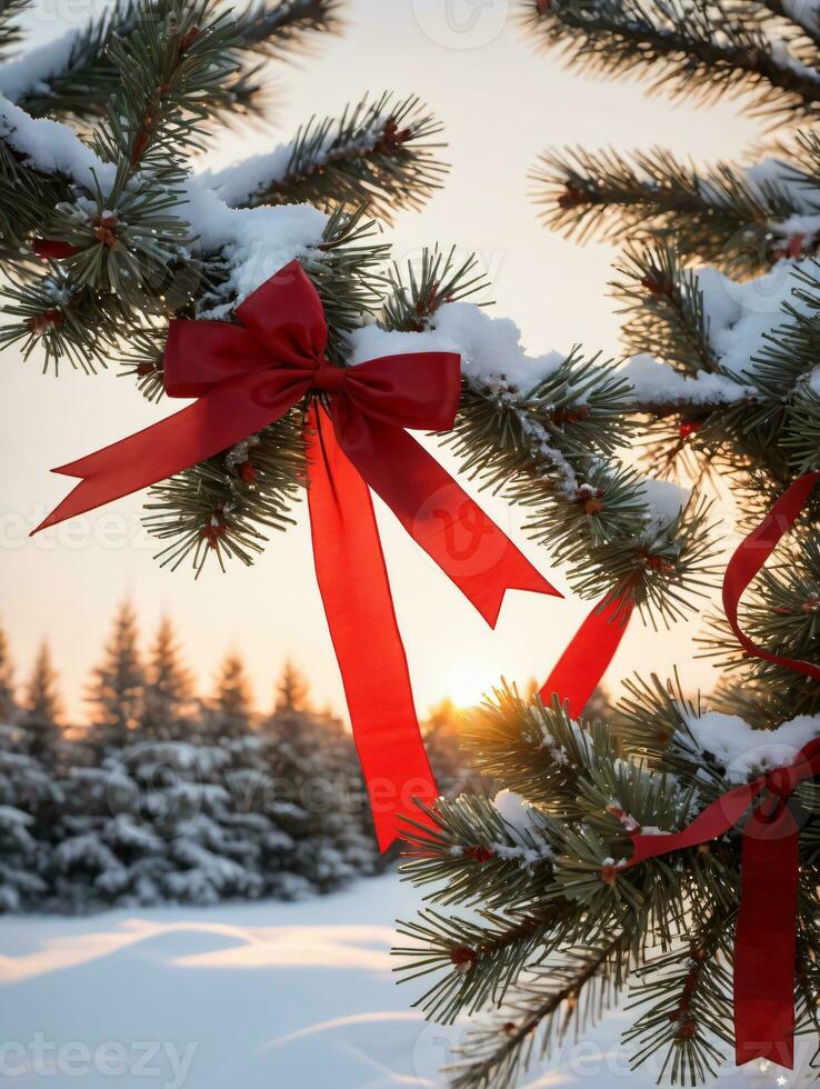 photo de Noël pin arbre branches drapé avec rouge rubans et flocons de neige contre une Toile de le réglage Soleil. ai généré