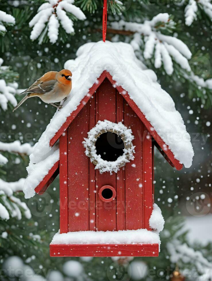 photo de Noël couvert de neige nichoir. ai généré