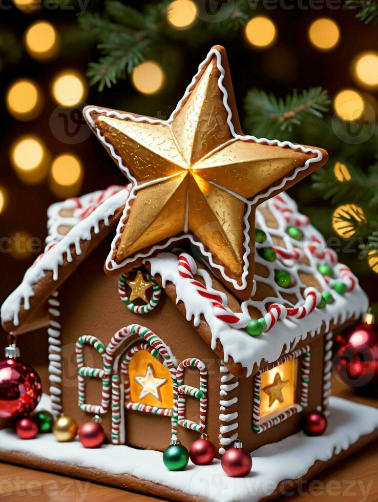 photo de Noël d'or étoile un haut une pain d'épice maison. ai généré