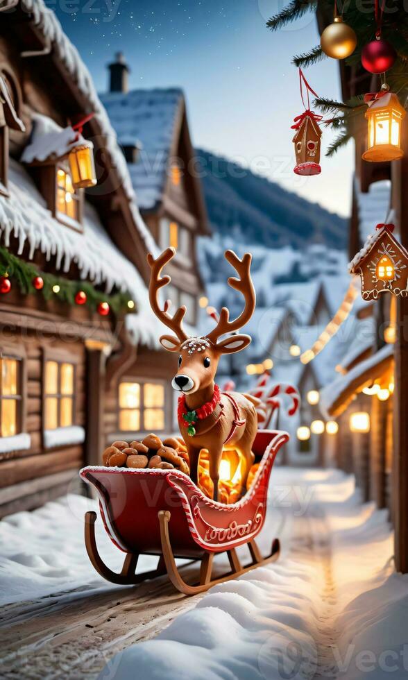 photo de Noël renne tirant une traîneau rempli avec pain d'épice biscuits et lanternes plus de une silencieux village. ai généré
