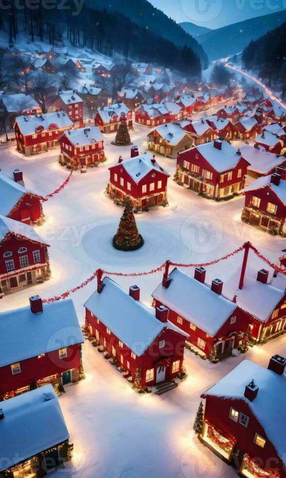 une oiseau s œil vue de une neigeux village avec des rues orné par scintillement lumières couronnes de fleurs et rouge rubans capturé pendant le nuit. ai généré photo