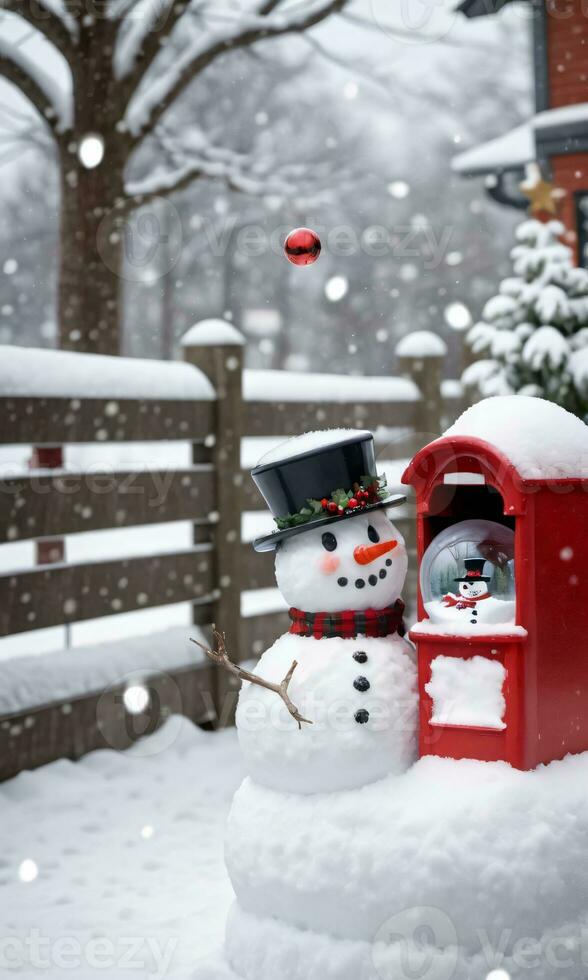 photo de Noël bonhomme de neige en portant une verre neige globe à côté de une neigeux boites aux lettres avec les enfants bâtiment un autre bonhomme de neige dans le distance. ai généré