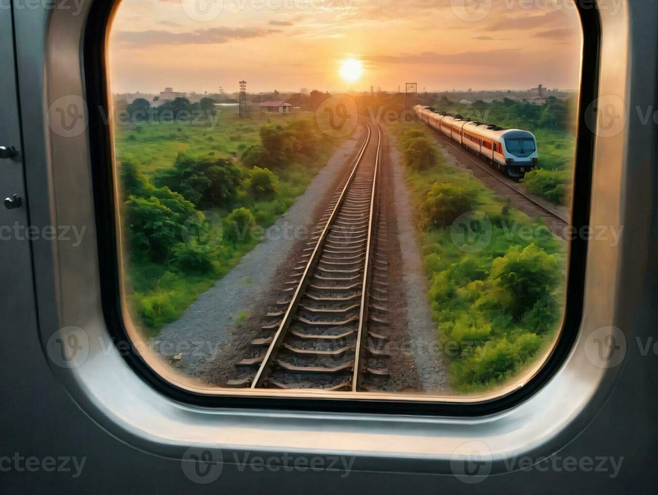 train fenêtre vue à le coucher du soleil. ai généré photo