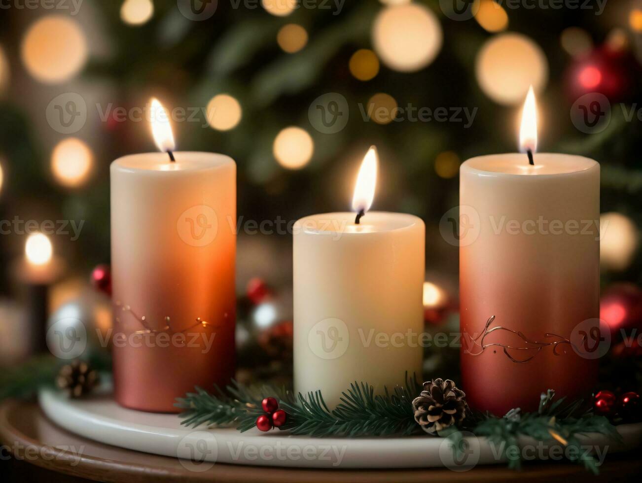 Trois bougies avec Noël décorations sur une plaque. ai généré photo