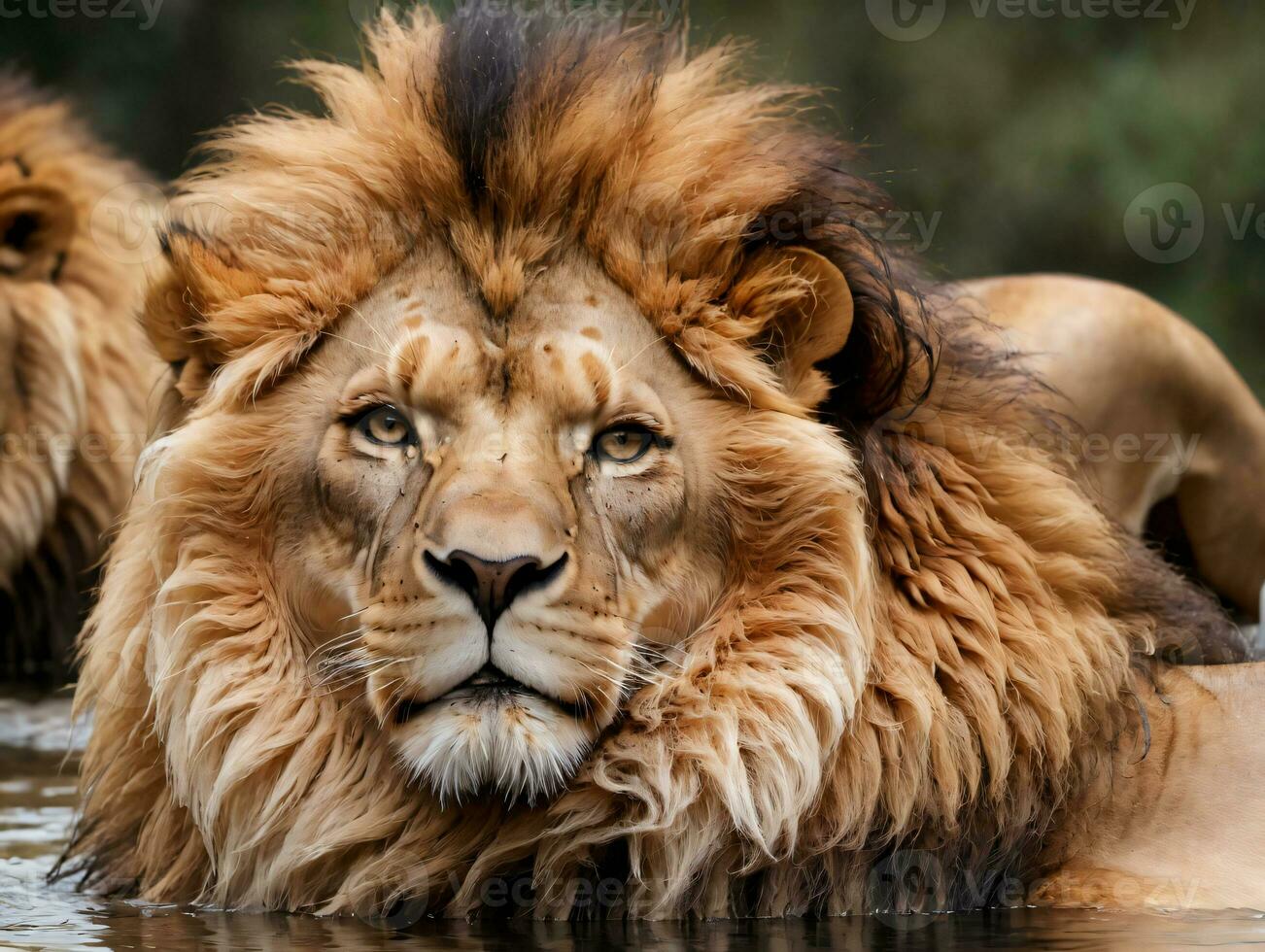 une Lion dans le l'eau. ai généré photo