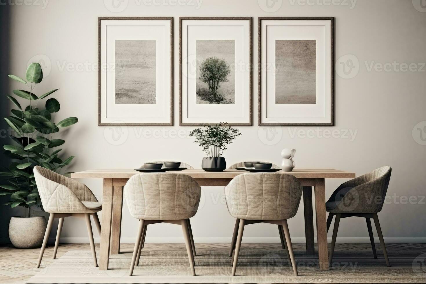 le intérieur de une moderne cuisine et vivant pièce avec une à manger table et cadres sur le mur. ai généré photo