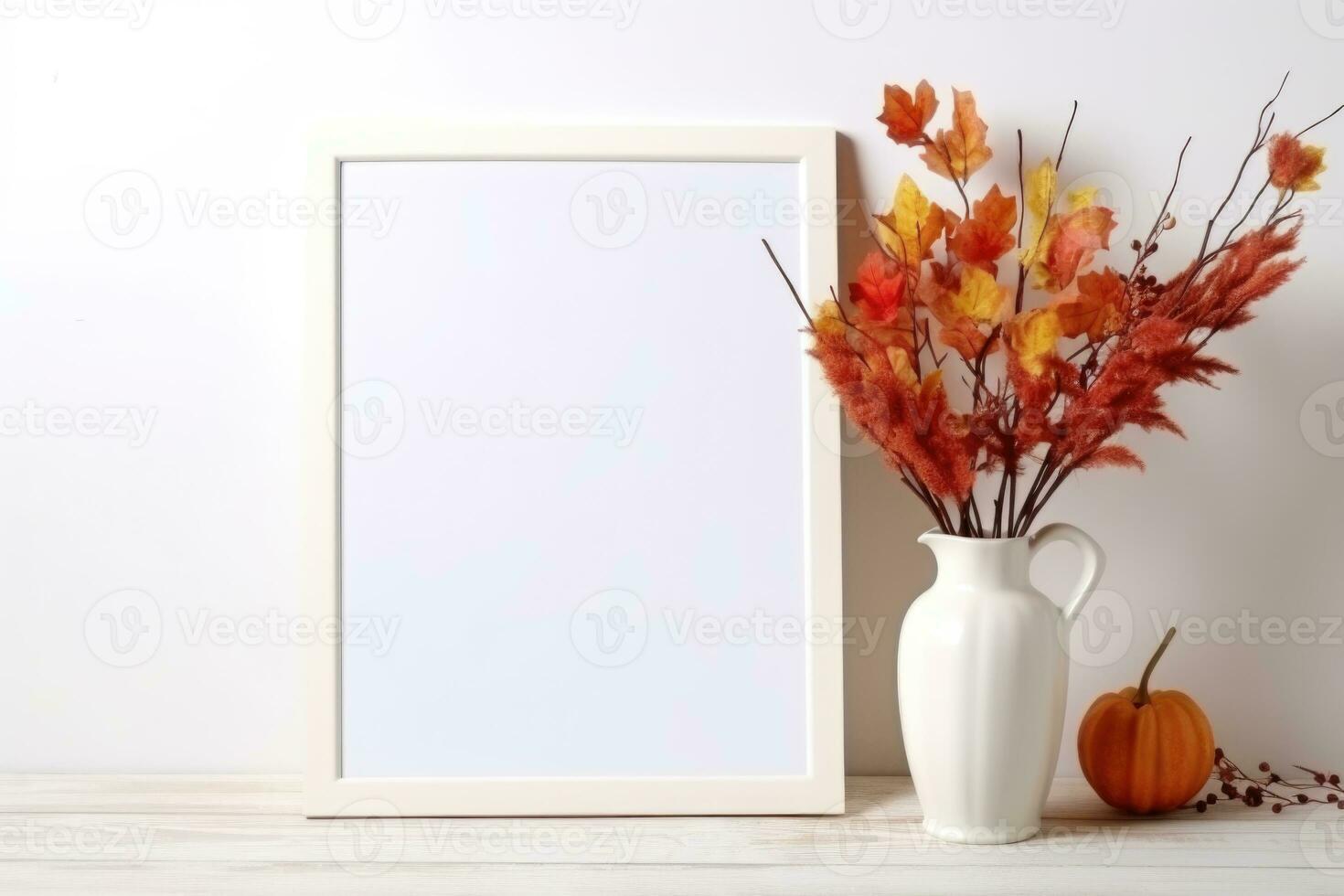 une maquette de une blanc vide Cadre des stands sur une table avec une vase et un l'automne bouquet. ai généré photo
