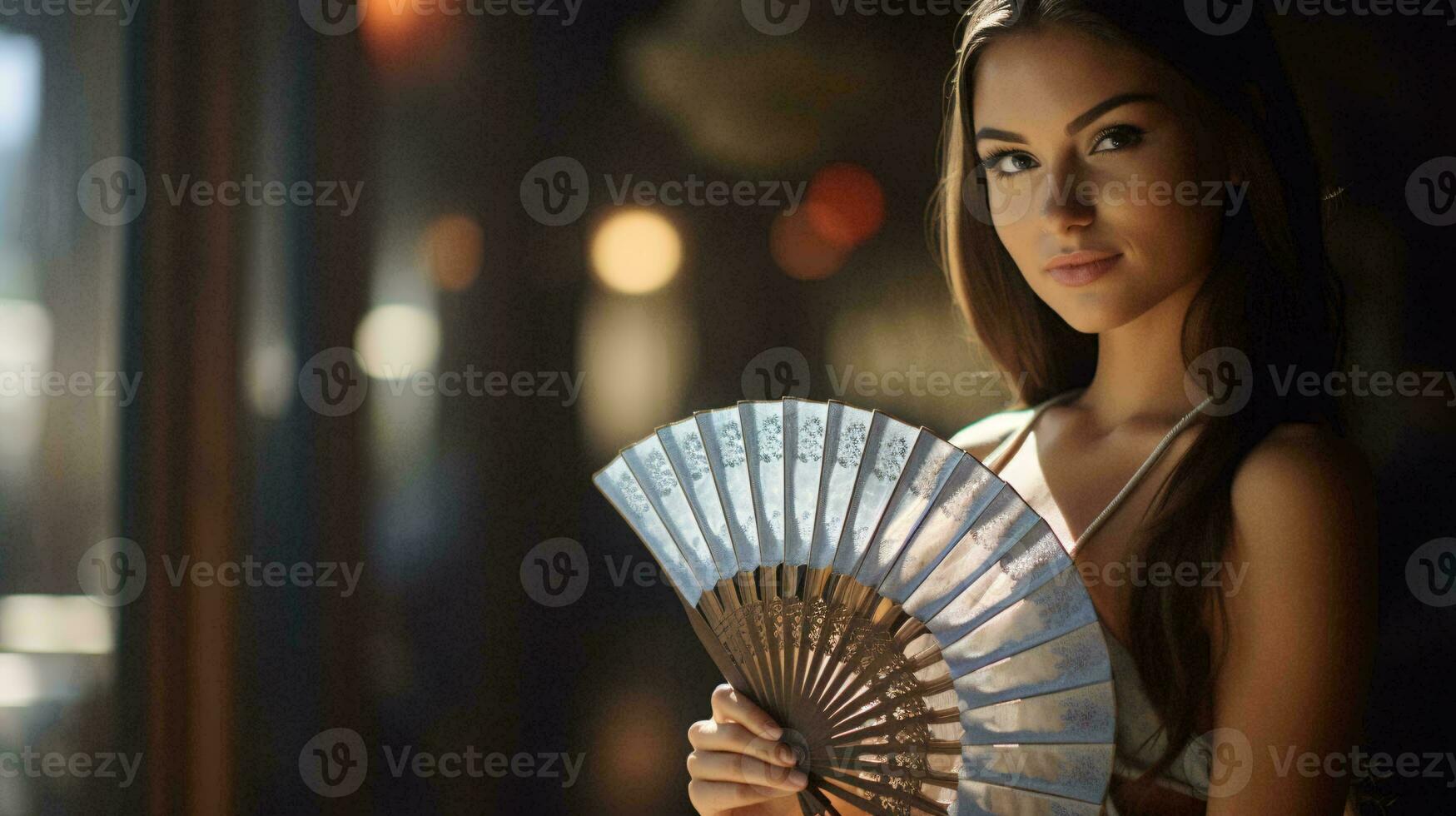 une gracieux Jeune femme en portant une blanc ventilateur ai généré photo