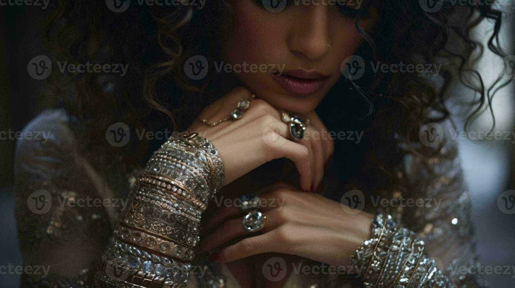 une femme posant élégamment dans une argent robe avec sa mains mis sur sa poitrine ai généré photo