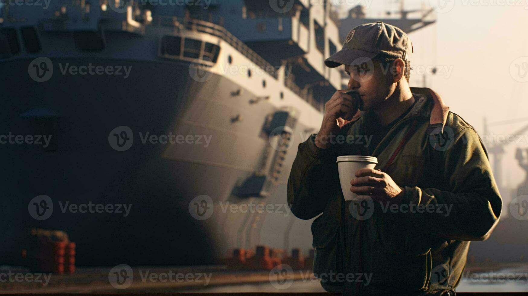 une homme sur le téléphone dans de face de une majestueux navire ai généré photo