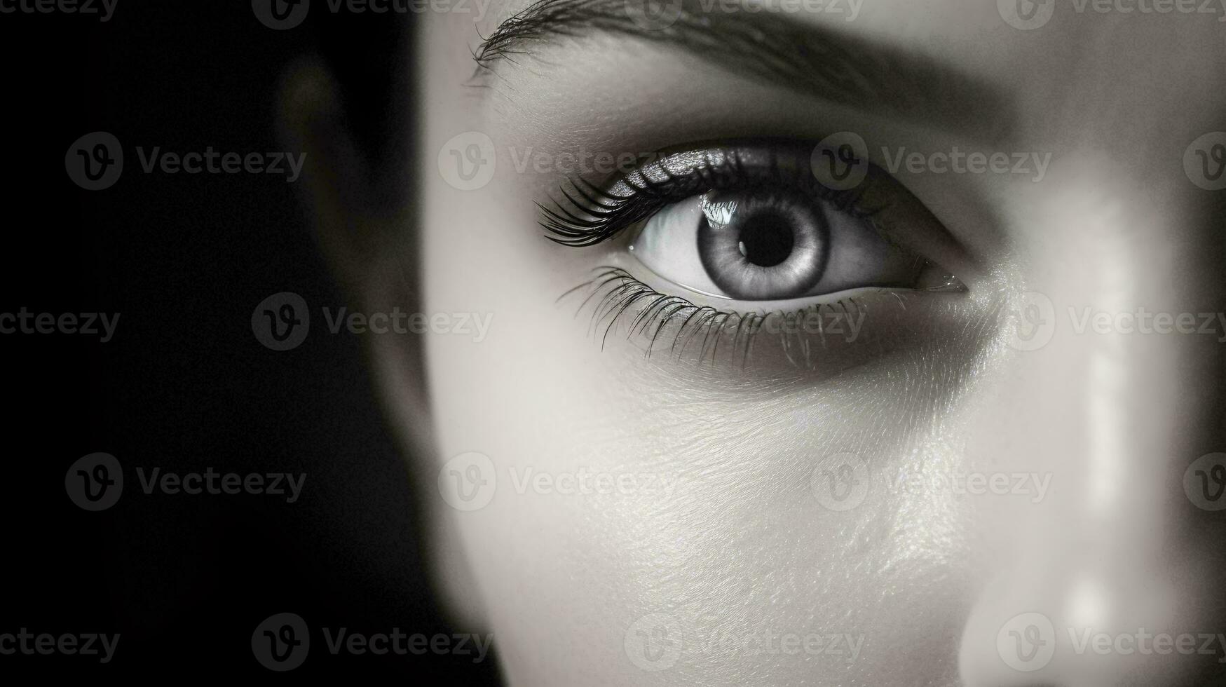 une fascinant fermer de une femme captivant bleu œil ai généré photo