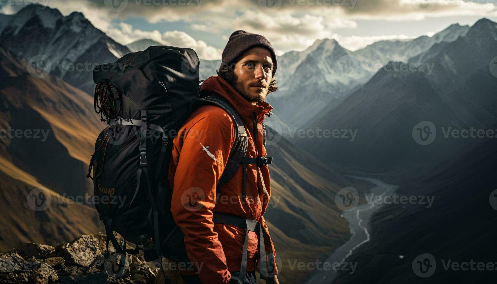 une promeneur permanent fièrement sur une majestueux Montagne sommet ai généré photo