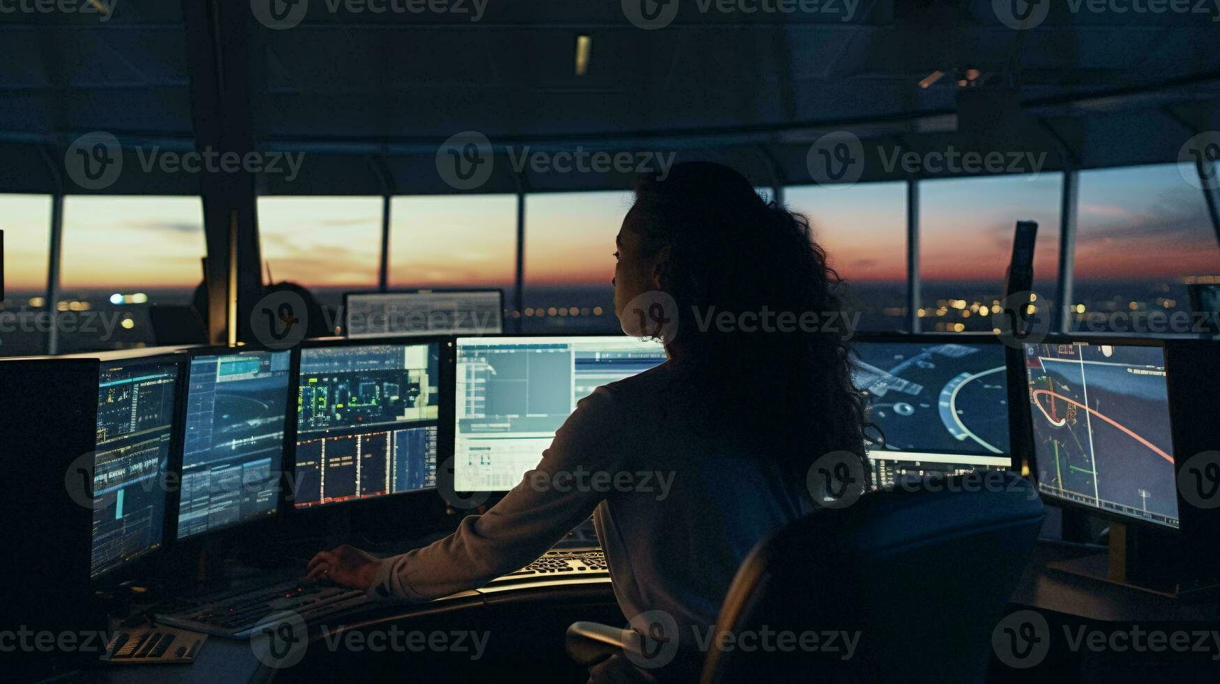 une femme travail à une ordinateur bureau avec plusieurs écrans ai généré photo