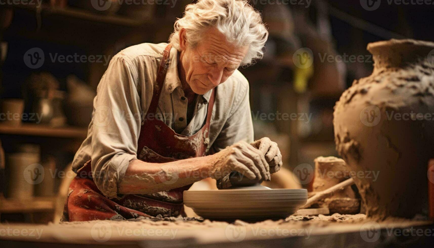 une homme sculpture une vase en dehors de argile ai généré photo