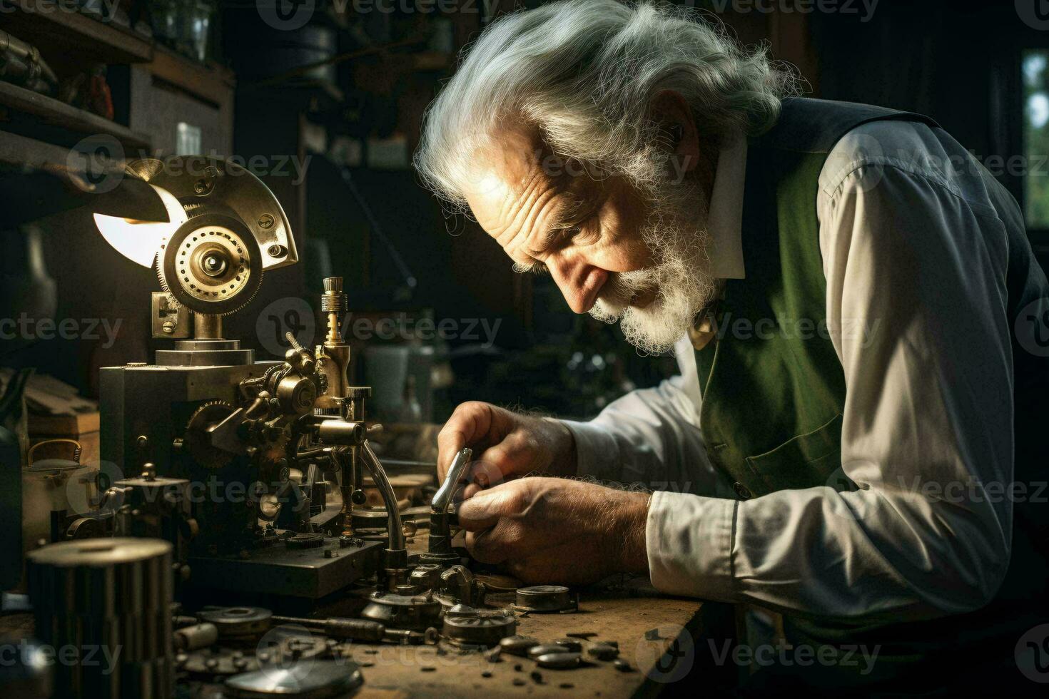 une homme en fonctionnement machinerie dans une atelier ai généré photo