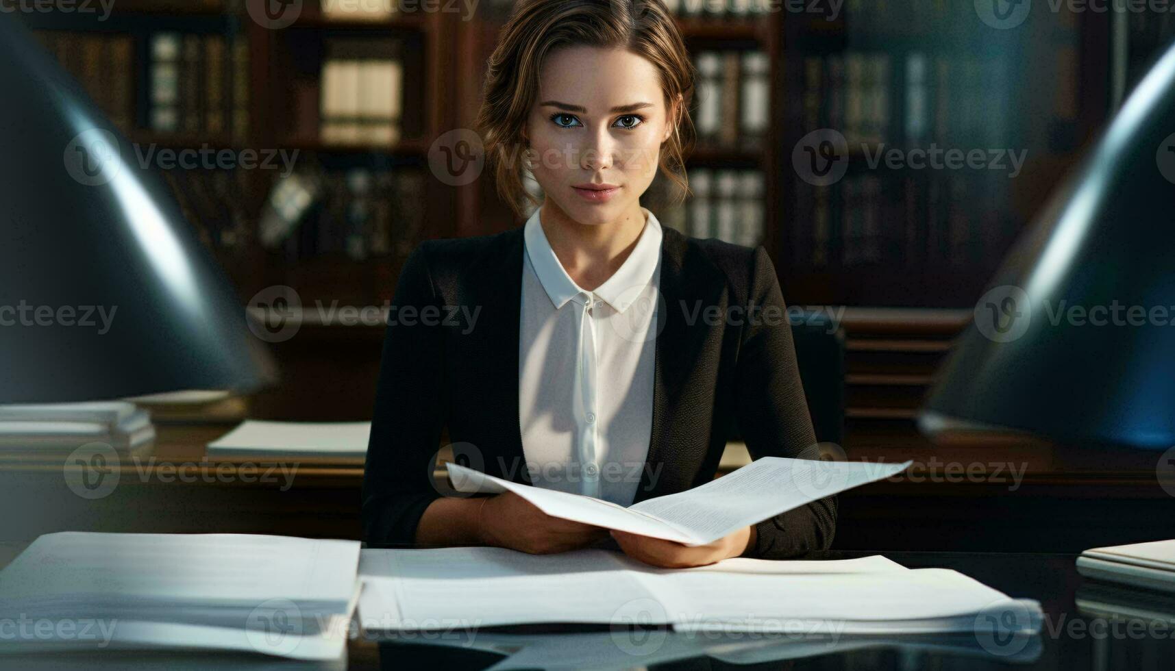 photo de une femme travail à une bureau avec les documents et formalités administratives ai généré