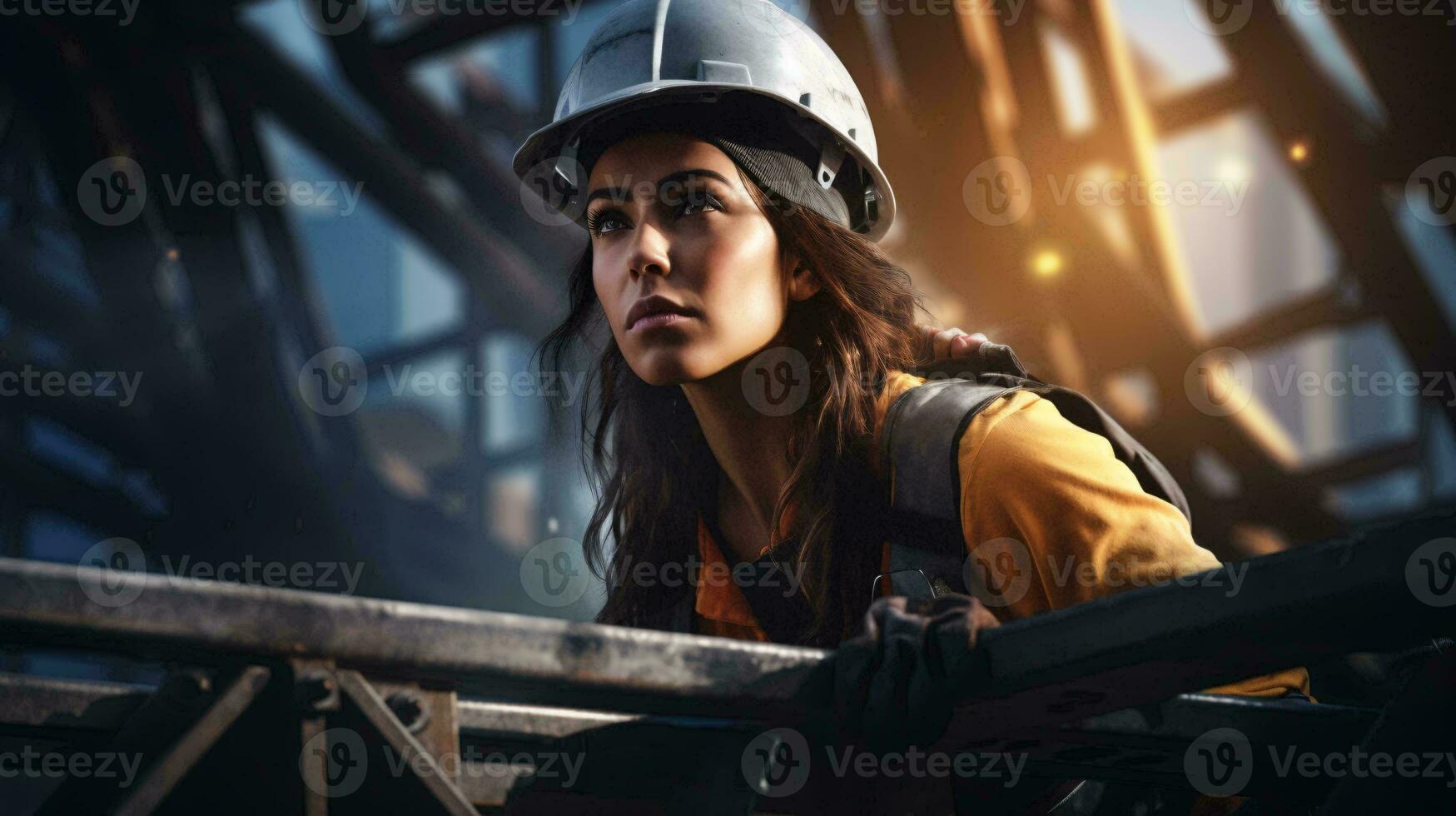 une femme portant sécurité équipement et une difficile chapeau à une construction site ai généré photo