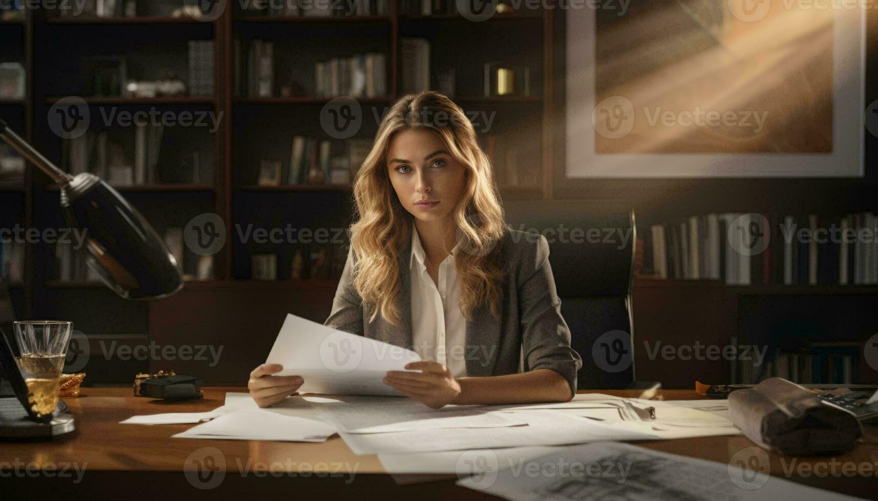 photo de une femme travail à une bureau avec papiers ai généré