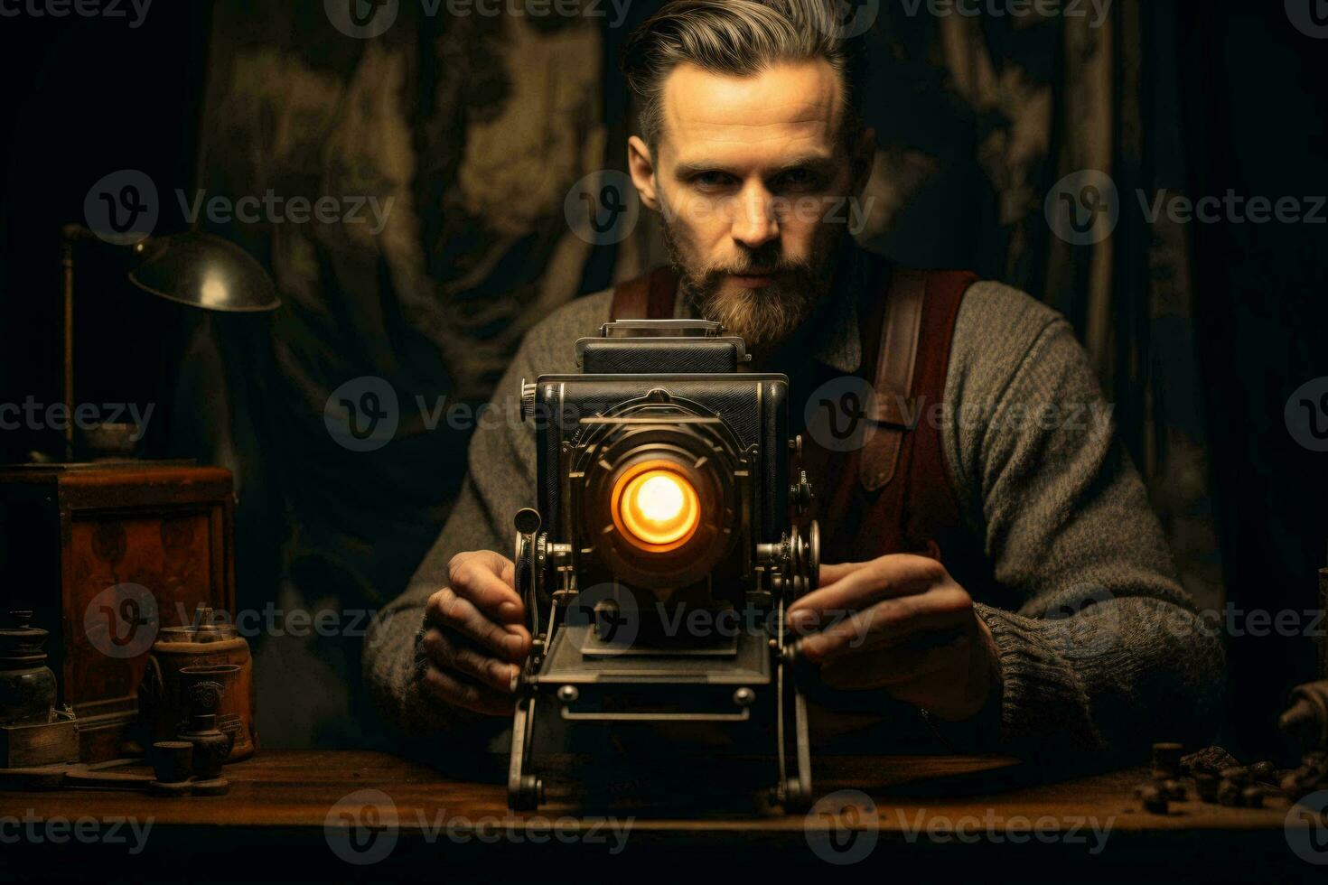 photo de une homme séance à une table avec une caméra ai généré