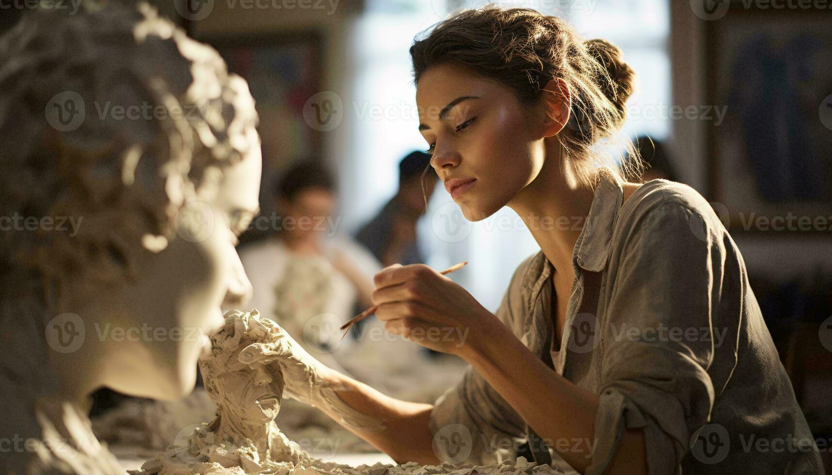 photo de une femelle sculpteur artisanat une chef-d'oeuvre dans sa studio ai généré