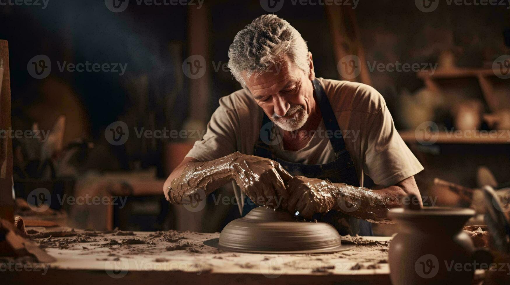 une potier façonner une vase sur une filage roue ai généré photo