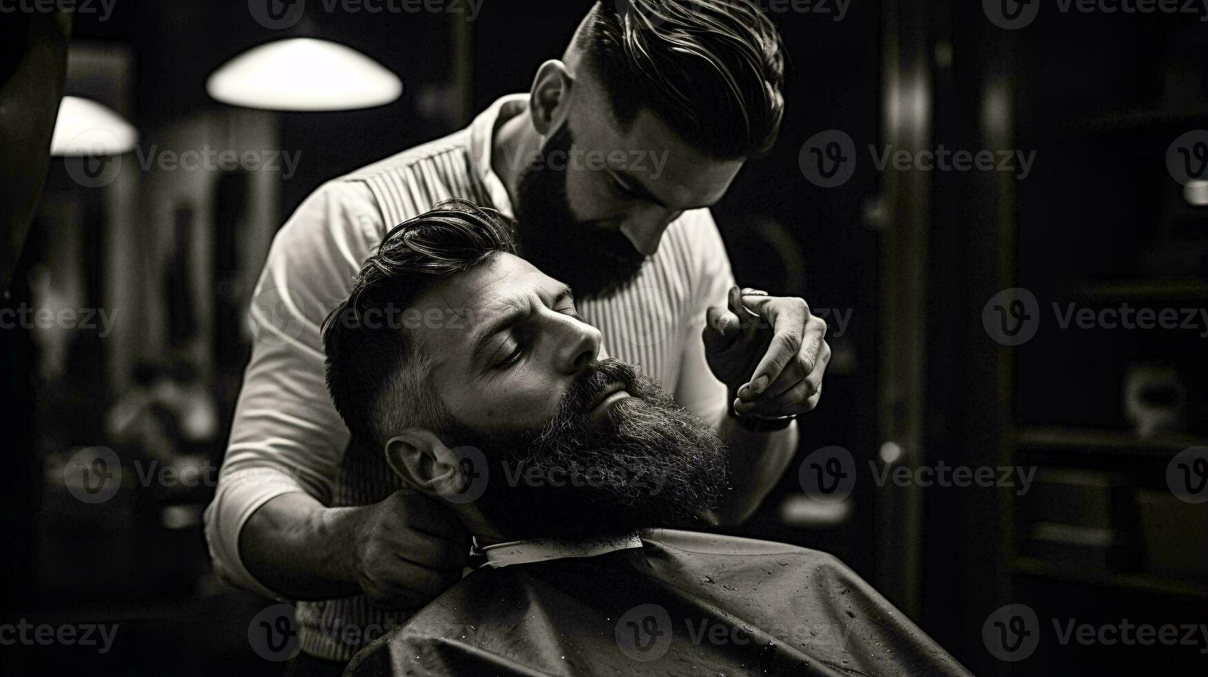 une homme avoir une la Coupe de cheveux à une coiffeur magasin ai généré photo