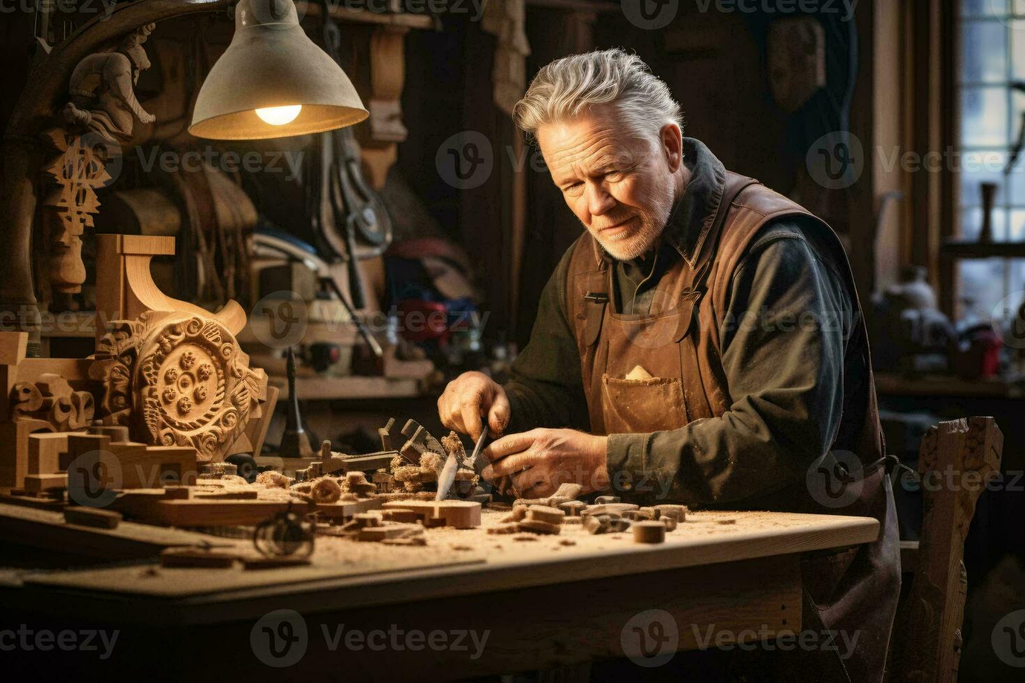 une homme sculpture bois avec concentrer et précision ai généré photo