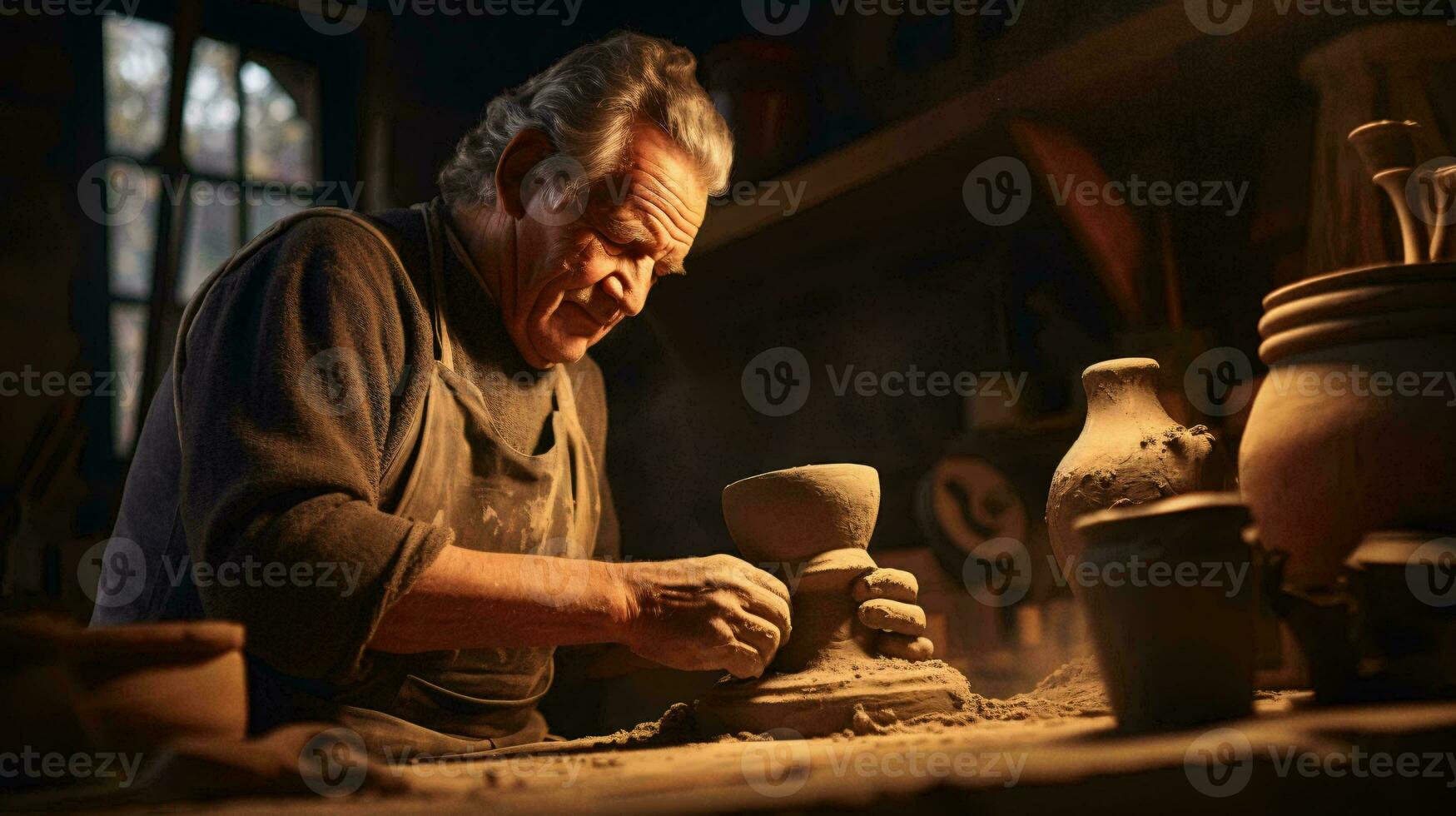 une homme sculpture une argile vase avec le sien mains dans une poterie studio ai généré photo